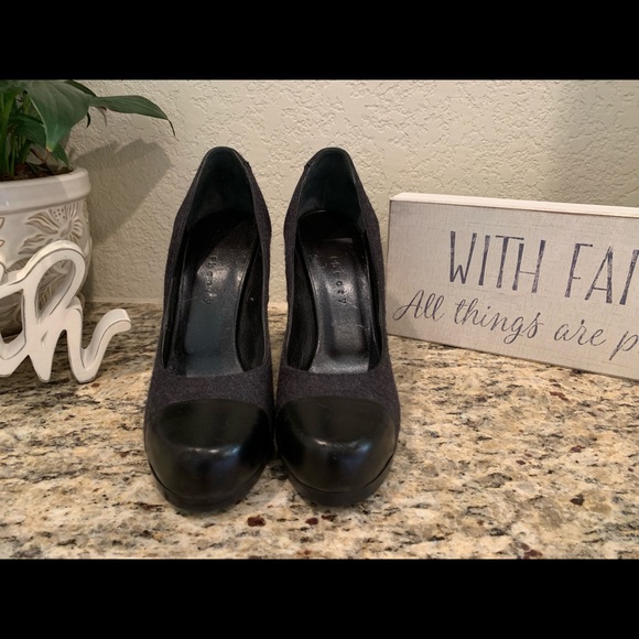 THEORY Grey Wool Leather Platform Tribtoo Heels - Picture 5 of 7